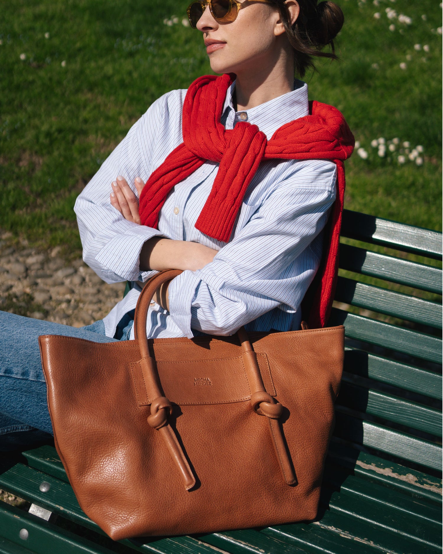 Basket Leather Tote Bag - Tan