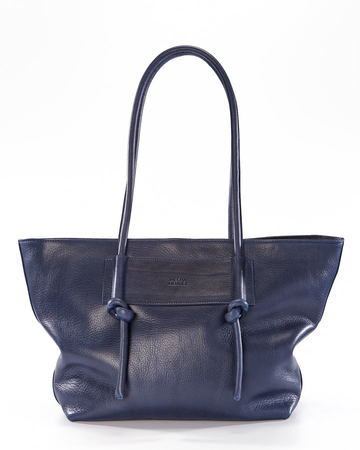 Basket Leather Tote Bag - Blue