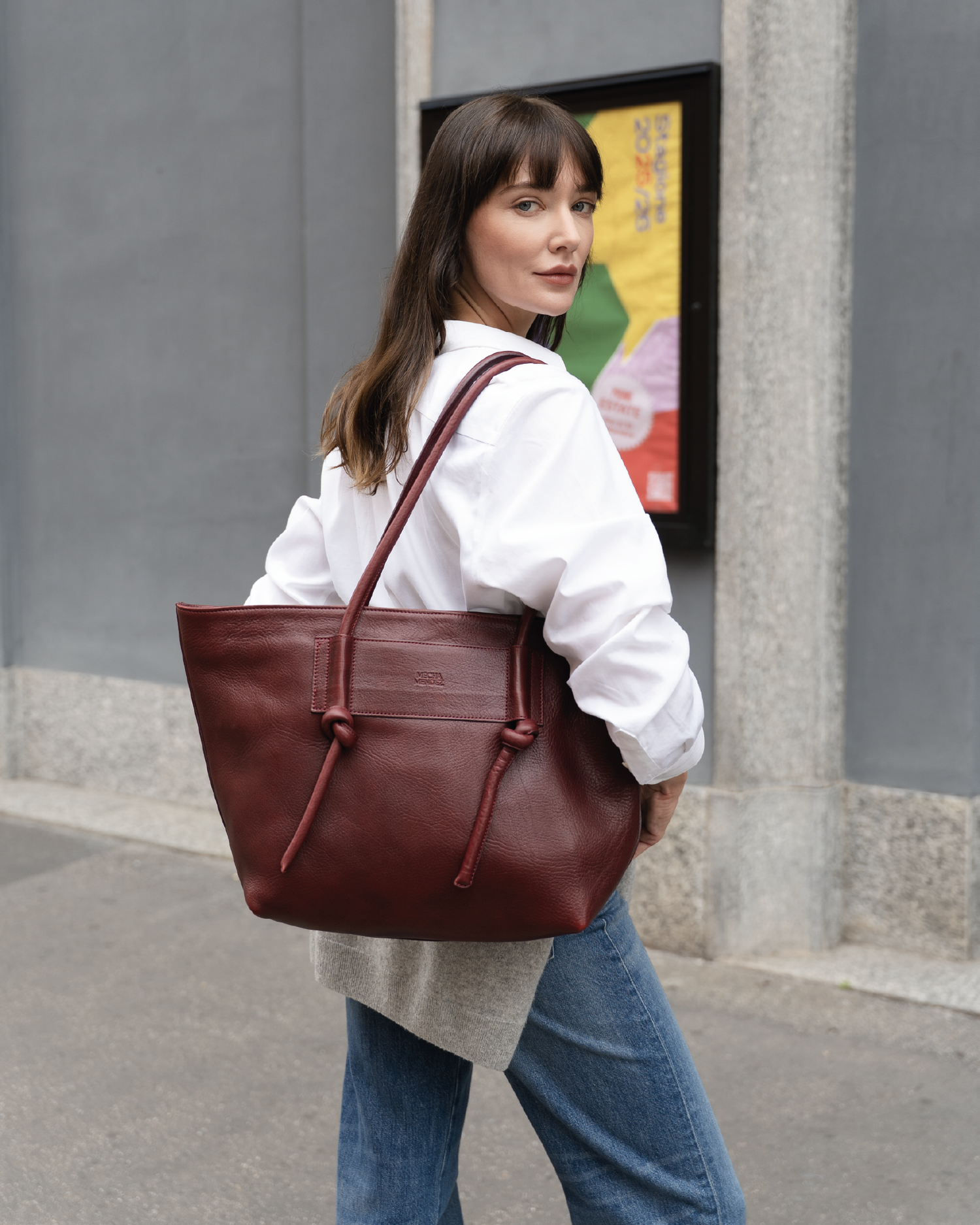 Basket Leather Tote Bag - Burgundy